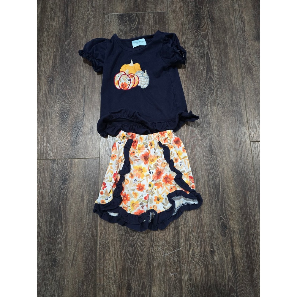 Thomas & Turner Girls 3T Pumpkin Floral Ruffle Shorts Set Navy Blue Fall Outfit